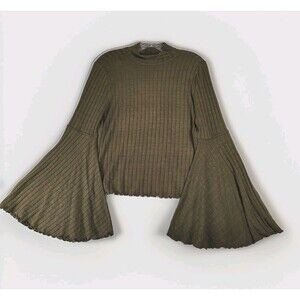 Shyanne Womens Ribbed Bell Sleeve Top Olive Green Stretch Crop Large
